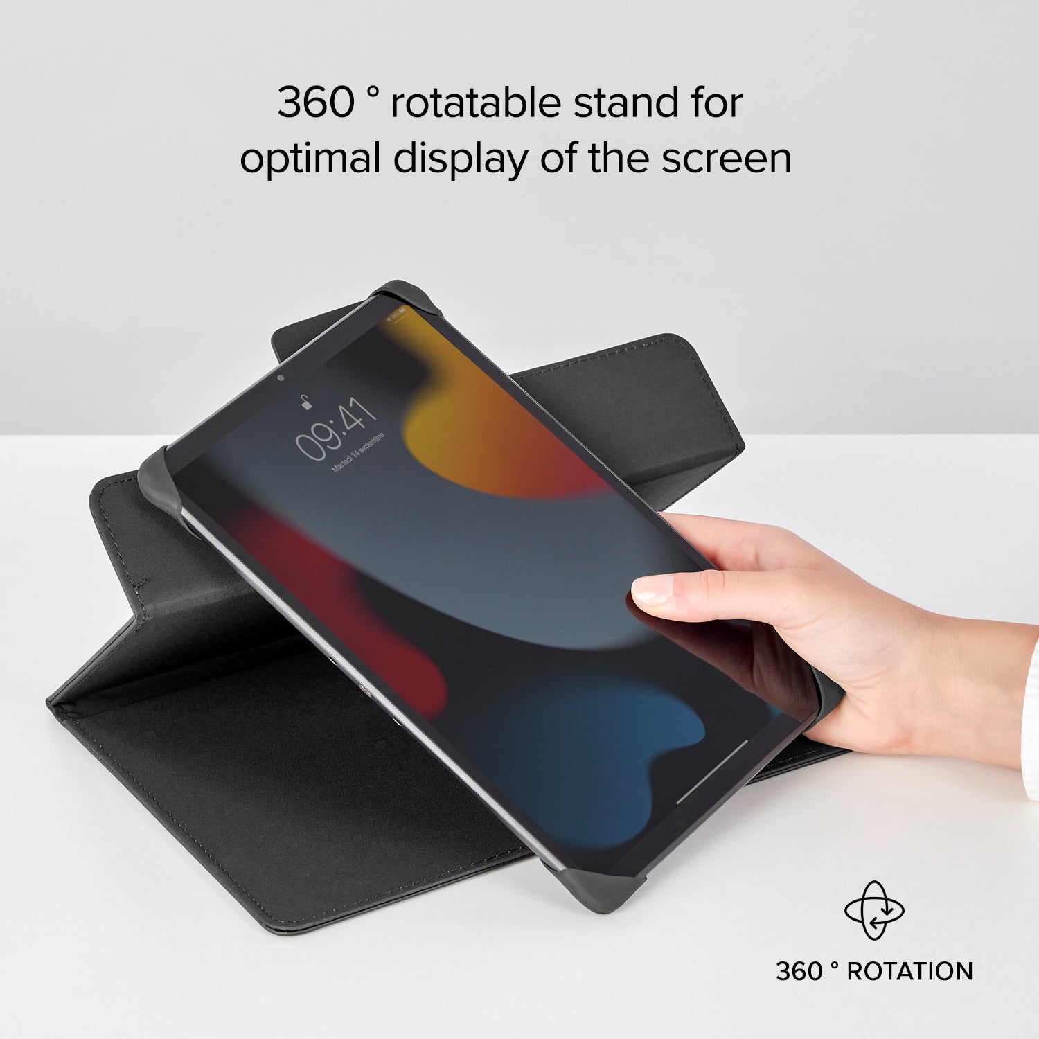 All-purpose rotating book case for tablet up to 11"