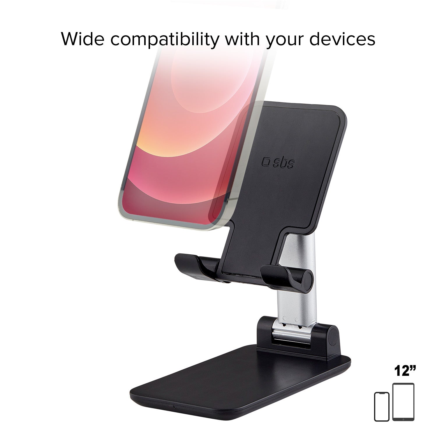 Portable desktop stand for smartphones and tablets up to 12"