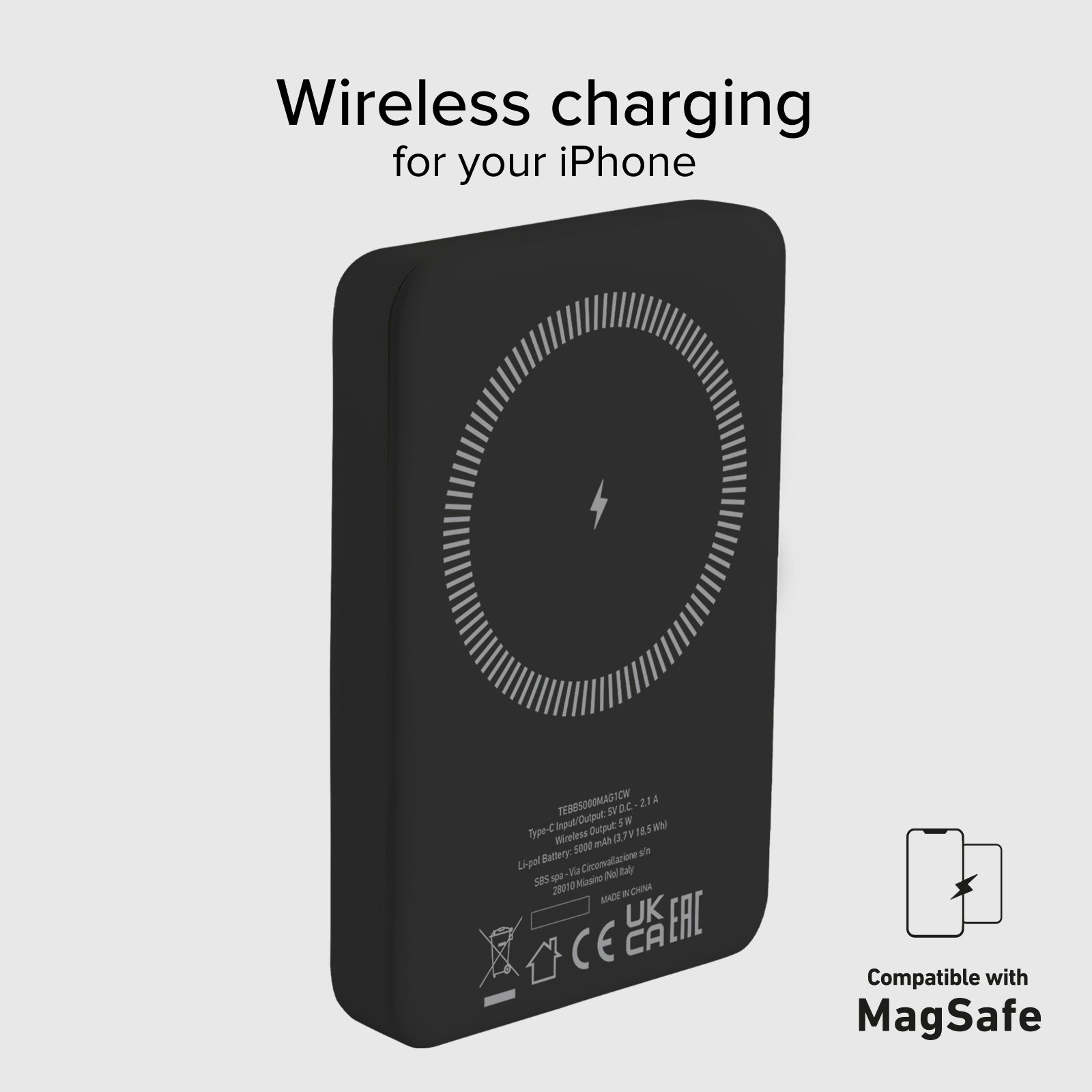 Power bank mag 5.000 mAh Wireless compatibile con iPhone con ricarica MagSafe