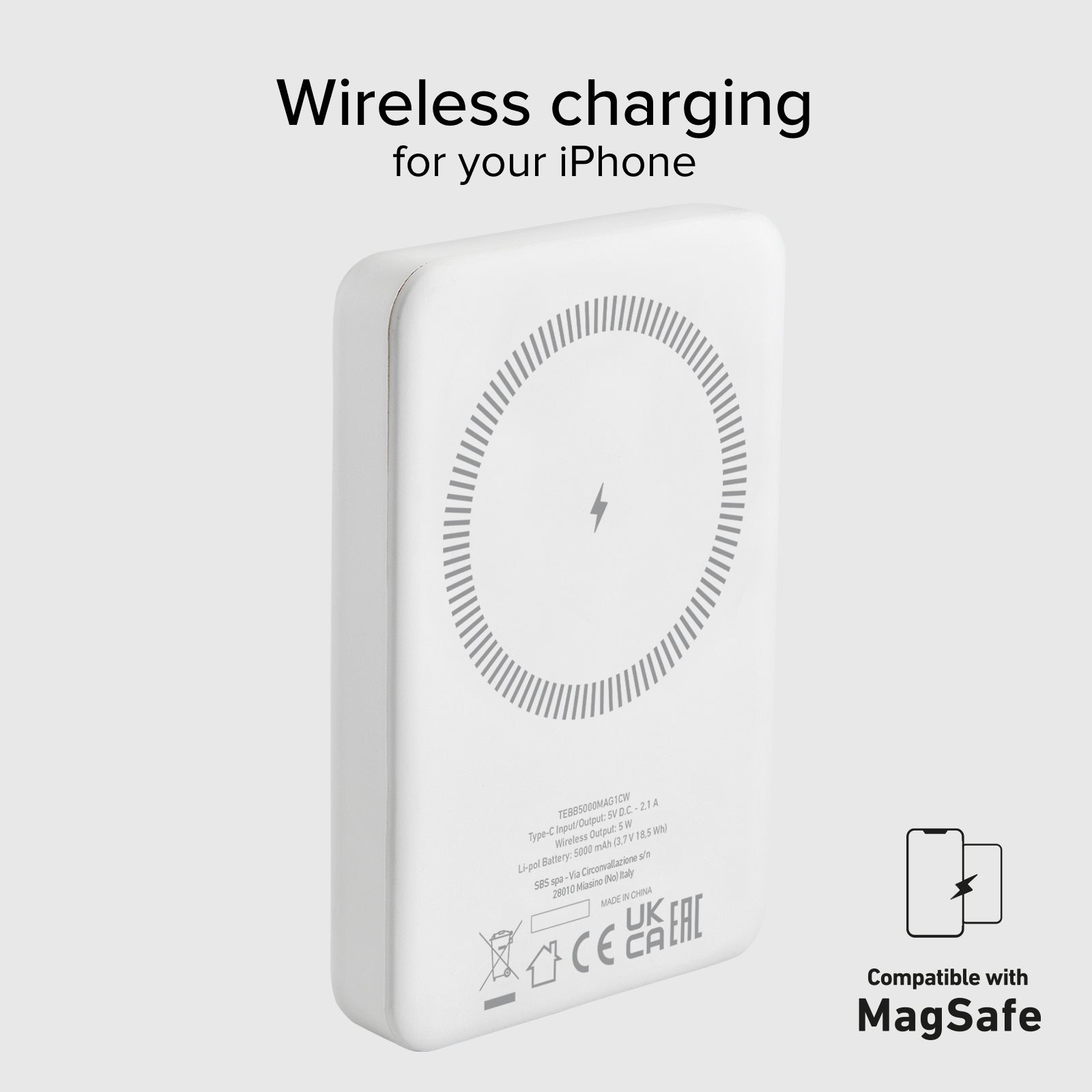 Power bank mag 5.000 mAh Wireless compatibile con iPhone con ricarica MagSafe