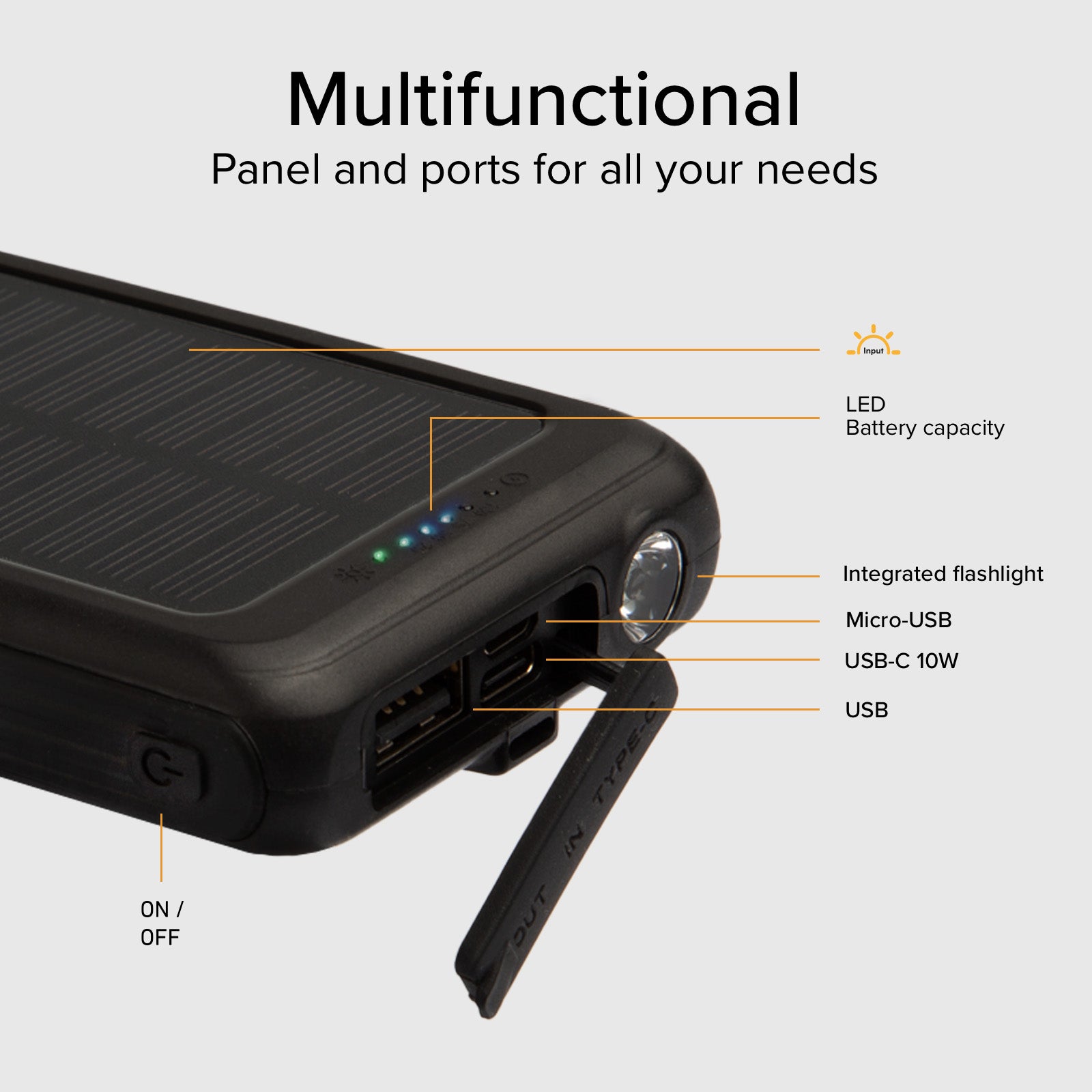 Solar-Powerbank 5000 mAh mit kabelloser Aufladung