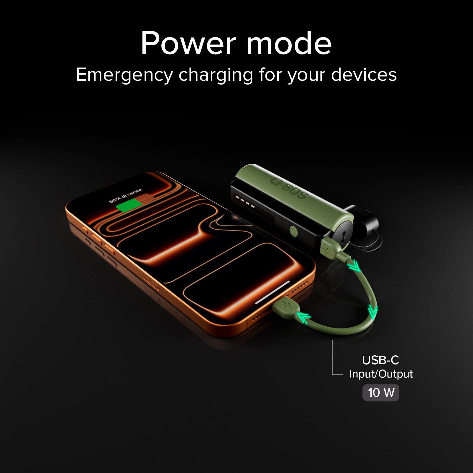Power Bank compatto 5000mAh con torcia LED, porta USB-C 10W, cavo USB-C incluso, ideale per outdoor e campeggio