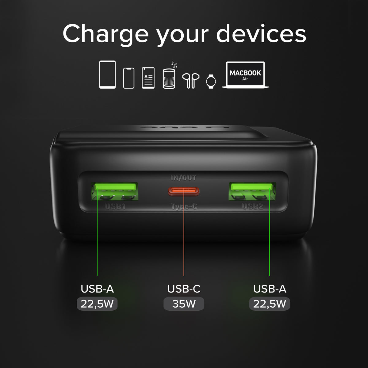 Powerbank 10.000mAh Power Control 2.0 mit Smart TFT Display und PD-Ladung bis 35W