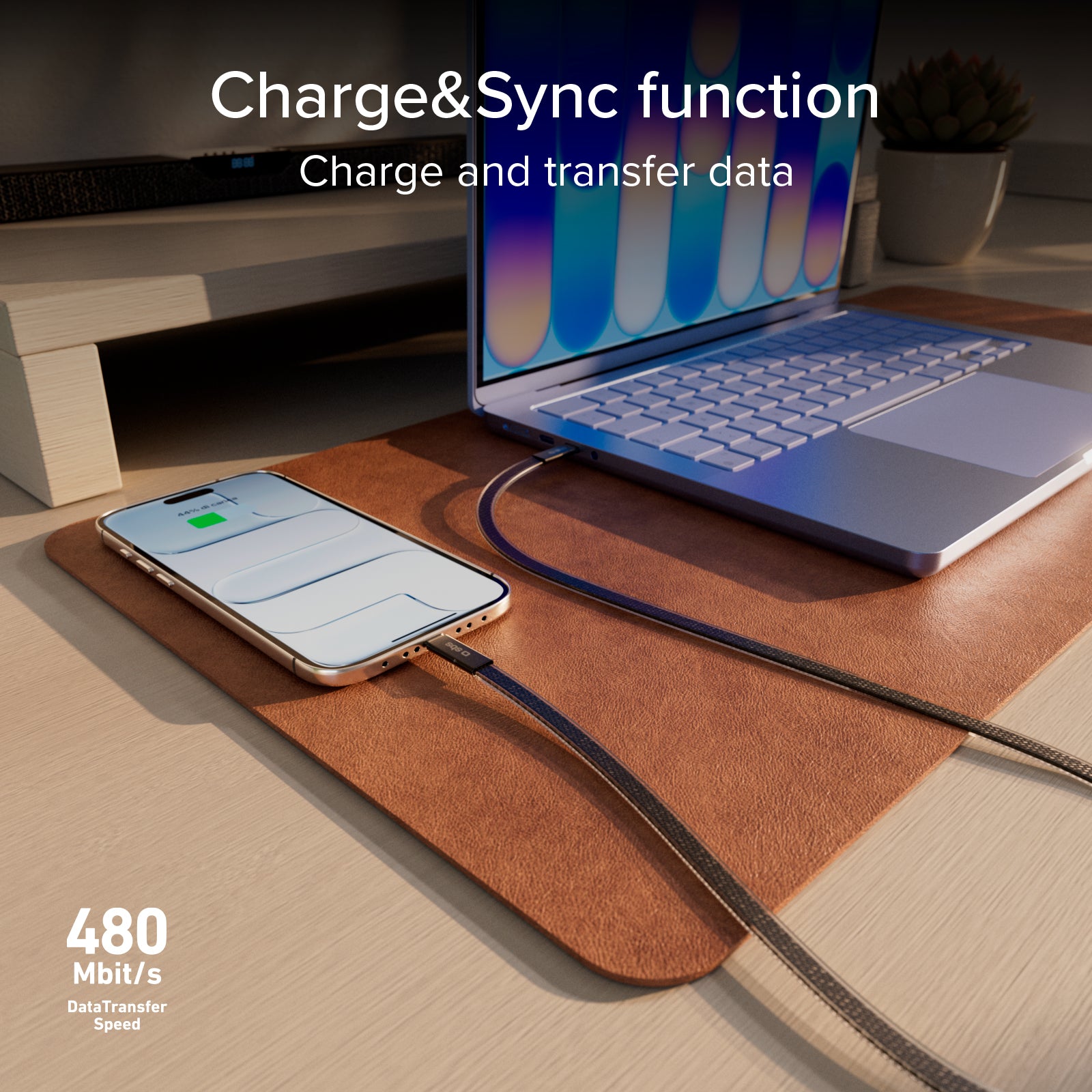 Slim charging and data cable with USB-C 2.0 connectors, 1 m