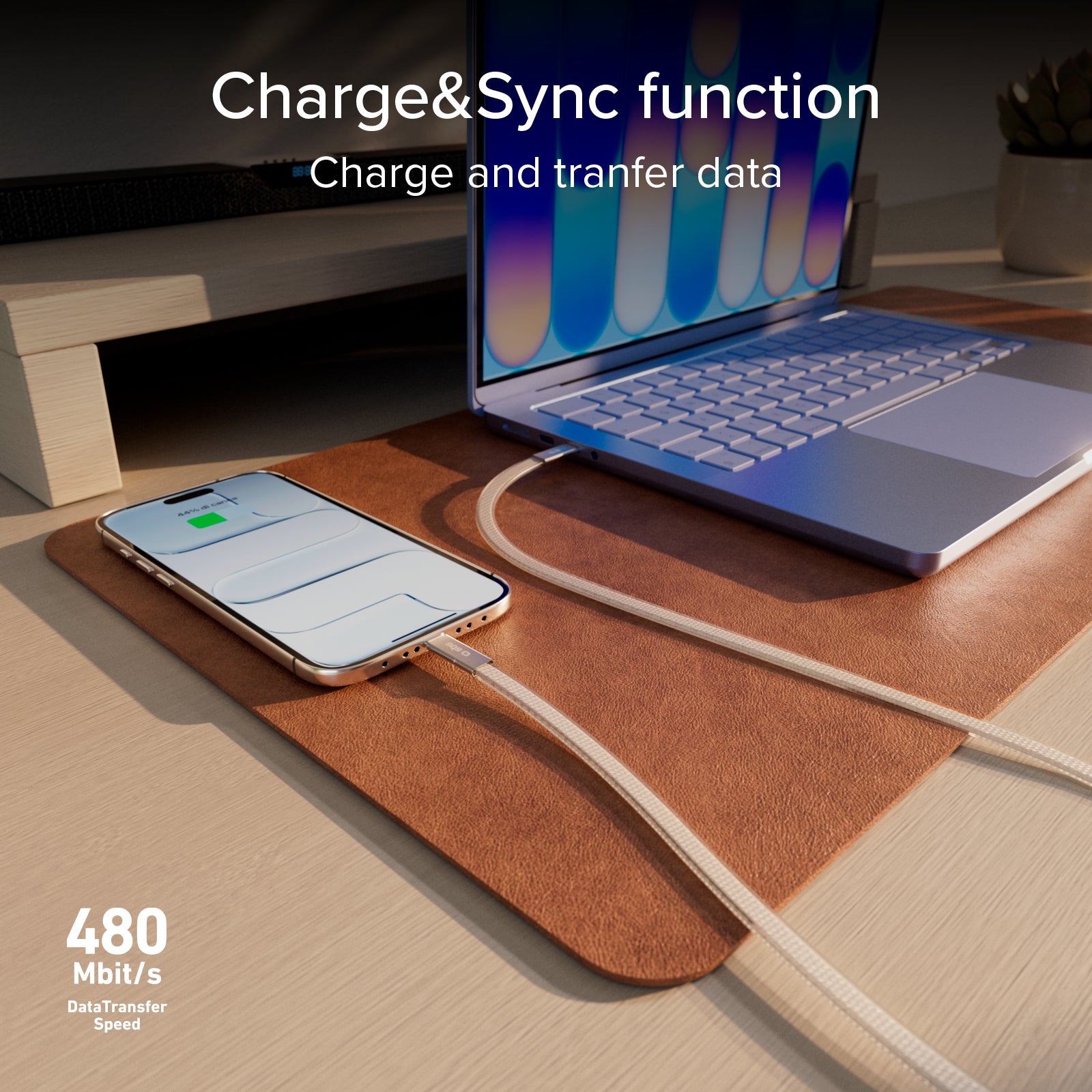 Slim charging and data cable with USB-C 2.0 connectors, 1 m