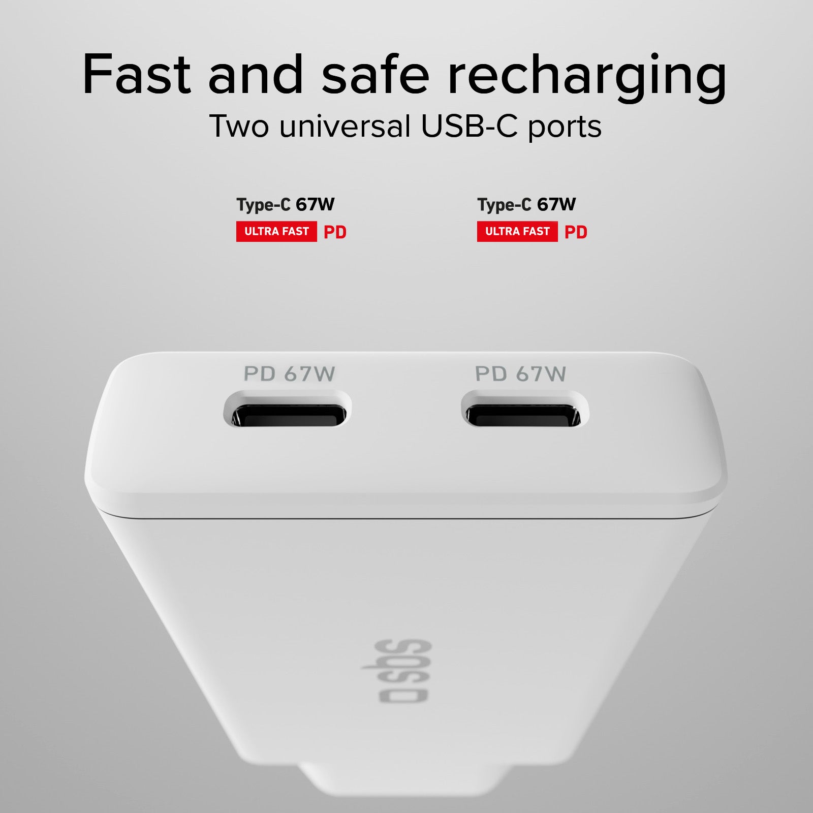 Caricatore caricabatterie GaN ultra sottile da 67 Watt con due porte USB-C Power Delivery, presa europea