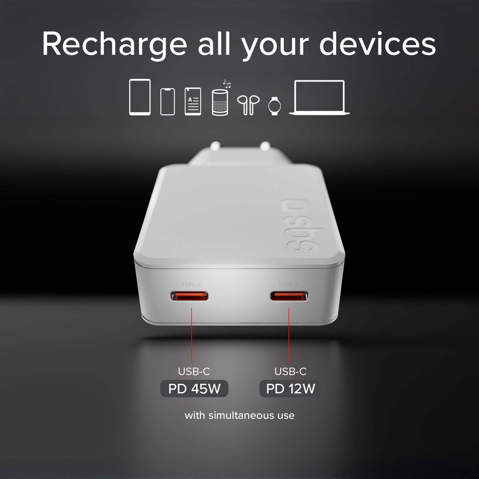 GaN ultraflaches 67-Watt-Ladegerät mit zwei USB-C Power Delivery-Anschlüssen, europäischer Stecker