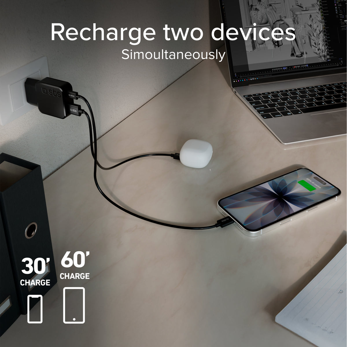 Chargeur mural slim 30W USB-C Power Delivery et USB-A Fast Charge