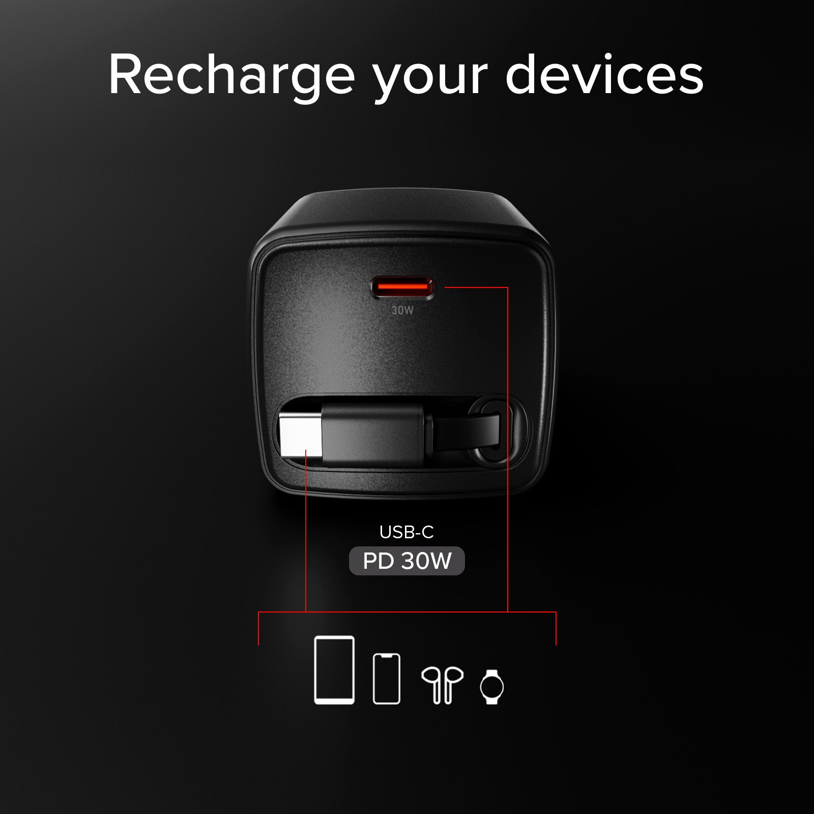 GaN-USB-C-30-W-Ladegerät mit einziehbarem Kabel