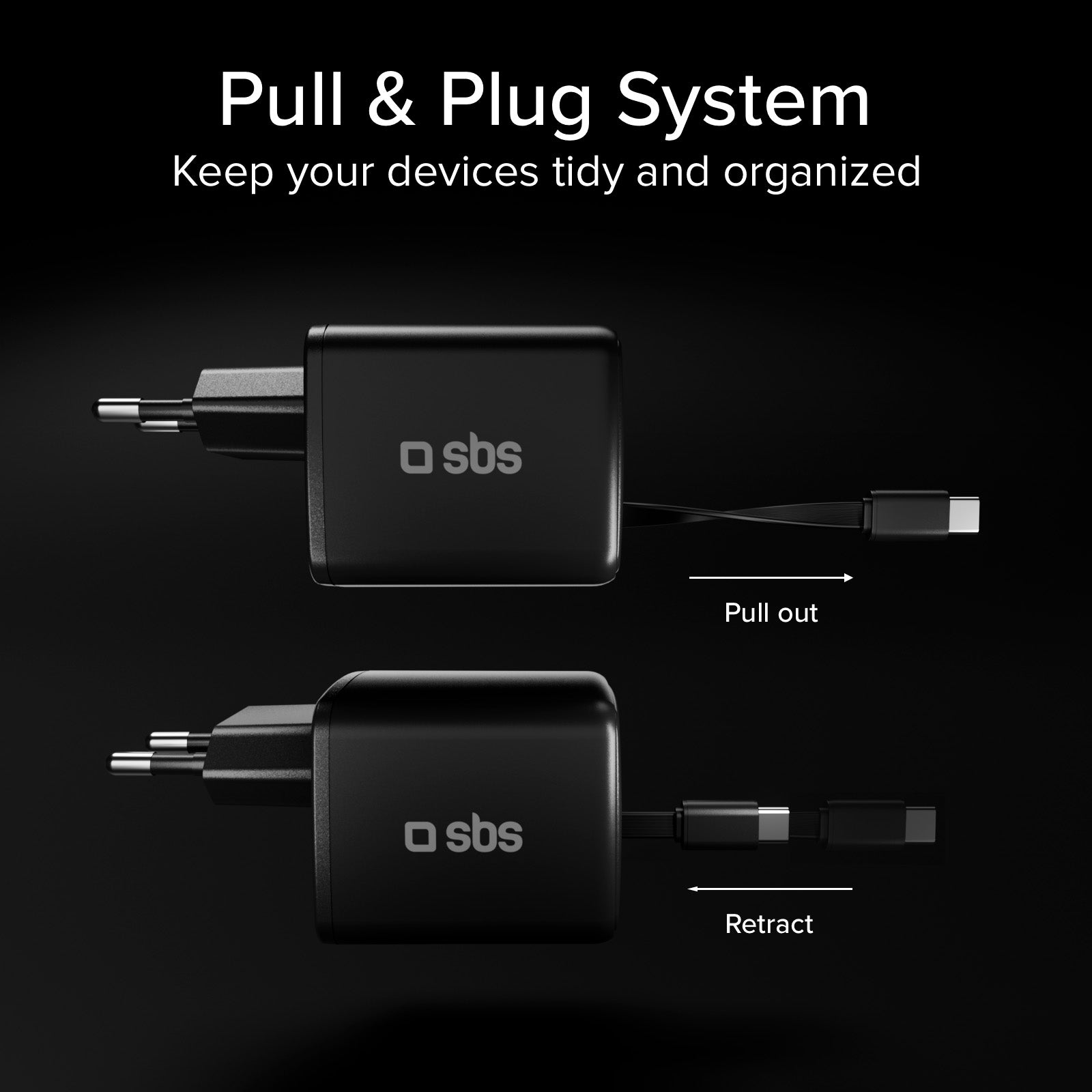 GaN-USB-C-30-W-Ladegerät mit einziehbarem Kabel