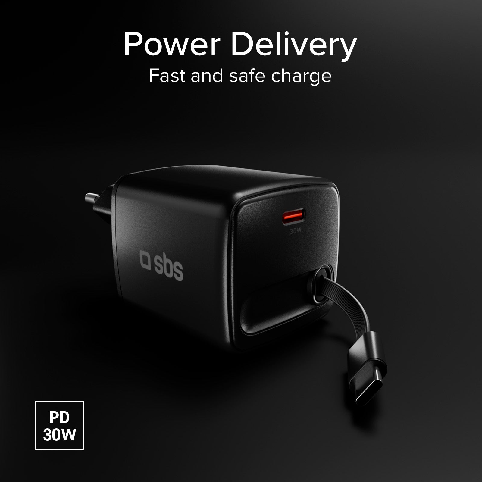 GaN-USB-C-30-W-Ladegerät mit einziehbarem Kabel