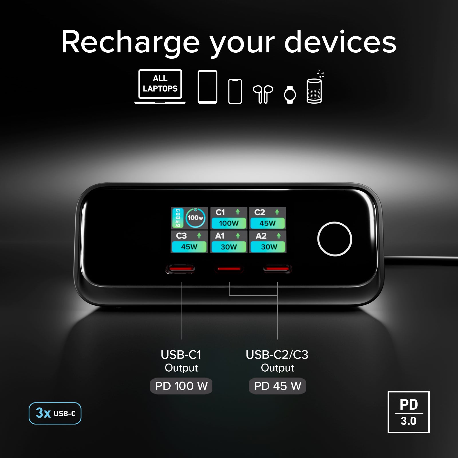 100W Power Delivery Tischladestation mit TFT-Display, 3 USB-C- und 2 USB-A-Anschlüssen, ideal für Laptops