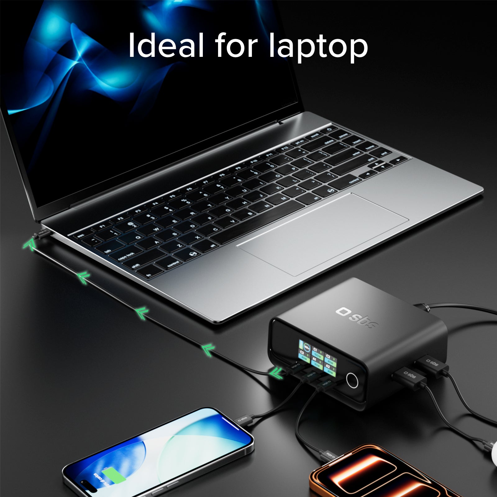 100W Power Delivery Tischladestation mit TFT-Display, 3 USB-C- und 2 USB-A-Anschlüssen, ideal für Laptops