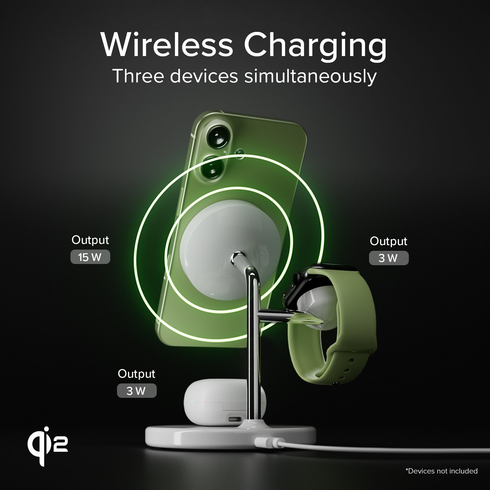 Estación de carga inalámbrica Qi2 3x1 para iPhone 16/15/14/13/12, smartphones Android, Apple Watch y auriculares inalámbricos