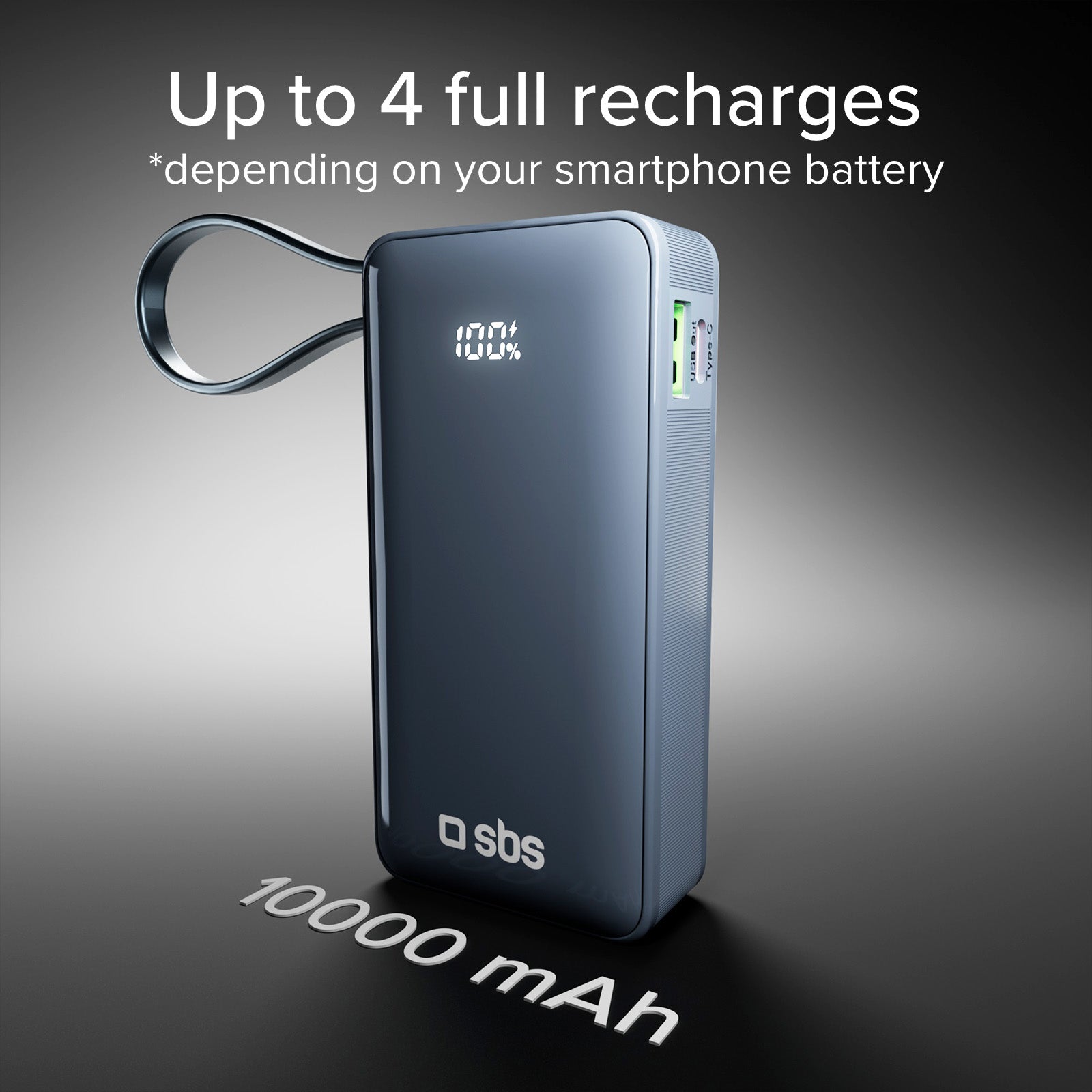 Power Bank 10,000 mAh with built-in USB-C cable