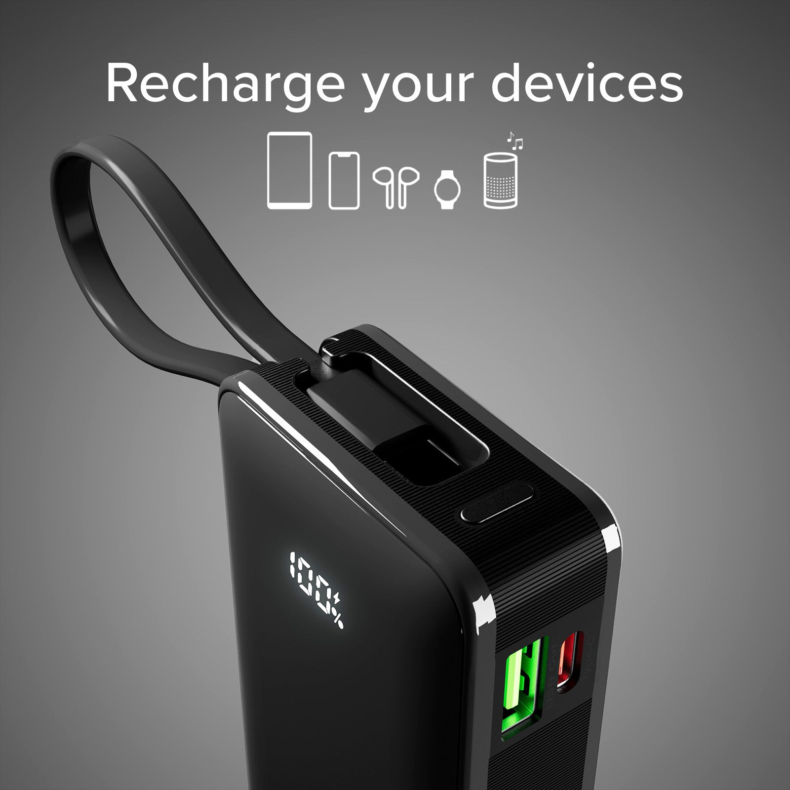 Batterie externe 10 000 mAh avec câble USB-C intégré