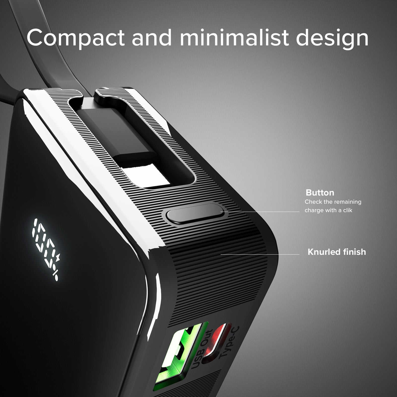 Batterie externe 10 000 mAh avec câble USB-C intégré