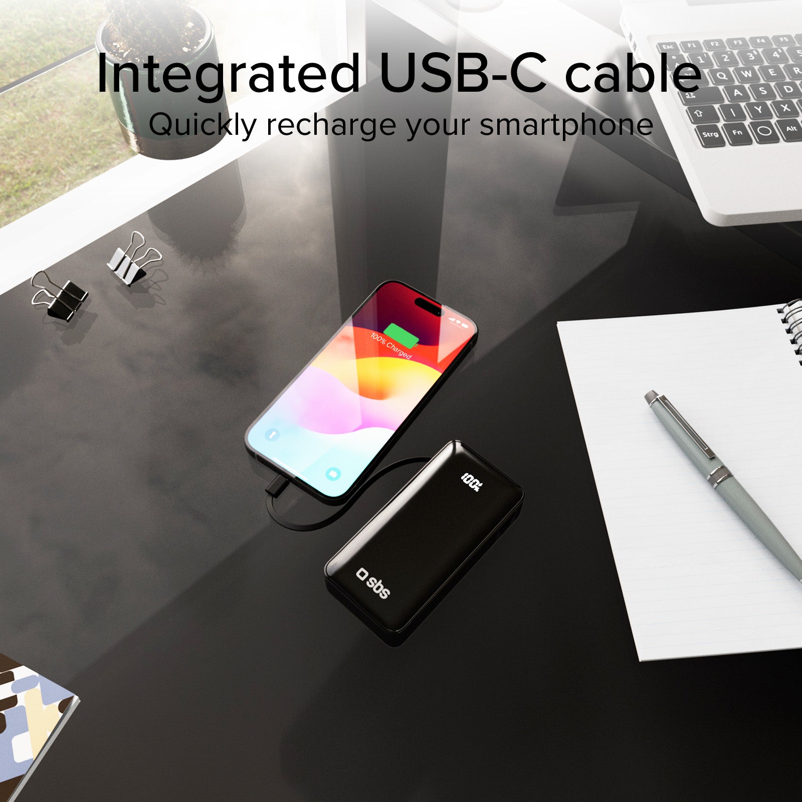 Batterie externe 10 000 mAh avec câble USB-C intégré