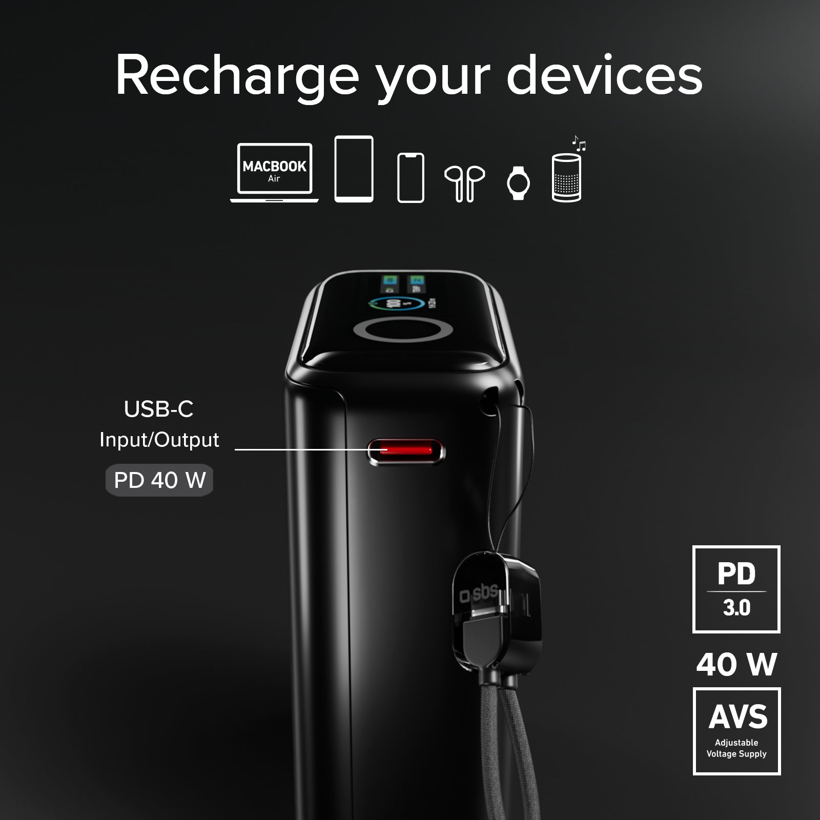 Power bank 10000 mAh 40W PD con display TFT