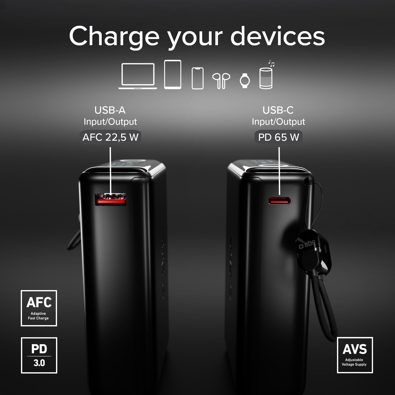 Power Bank 20000mAh con cavo integrato e display TFT