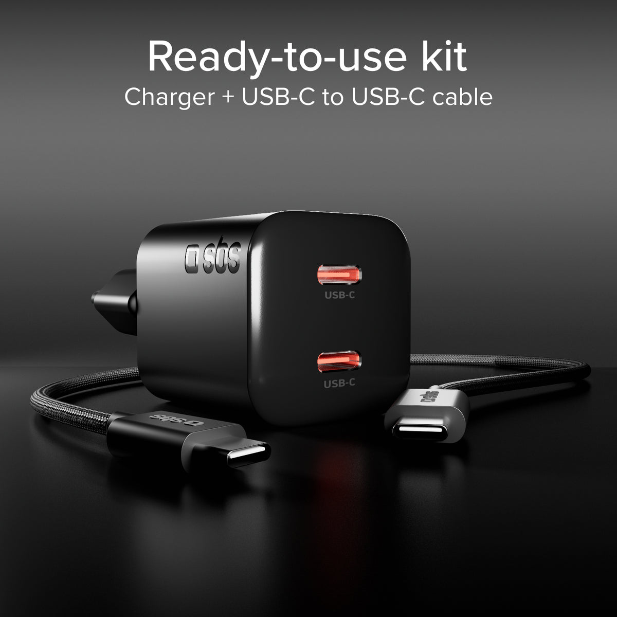 Lade-Kit für Laptops mit 100W Ladegerät mit zwei USB-C-Anschlüssen und geflochtenem Nylonkabel