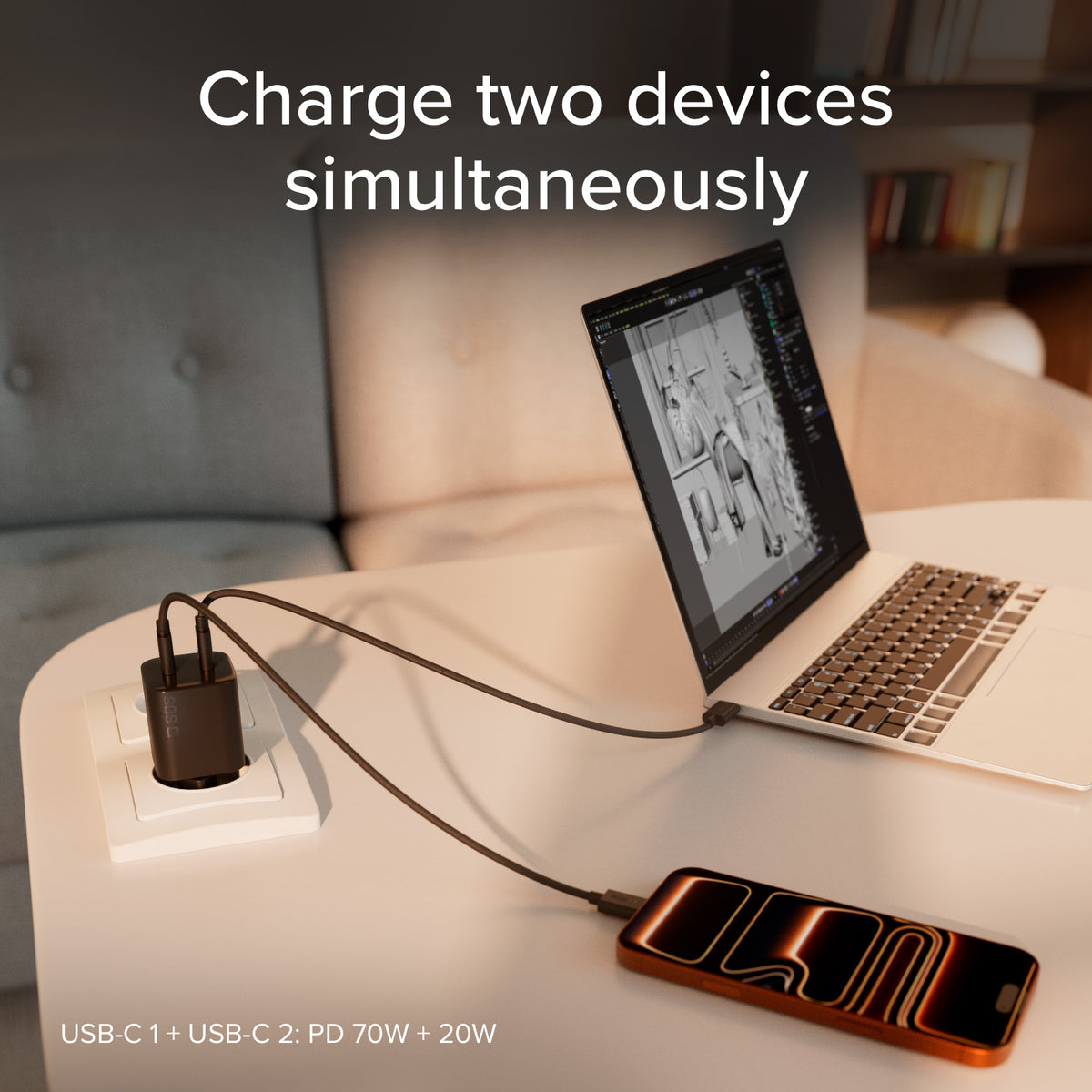 Lade-Kit für Laptops mit 100W Ladegerät mit zwei USB-C-Anschlüssen und geflochtenem Nylonkabel