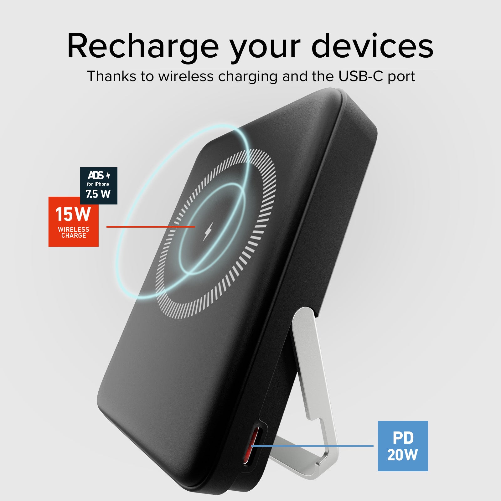 Batterie externe sans fil 10.000 mAh avec support intégré et écran LCD