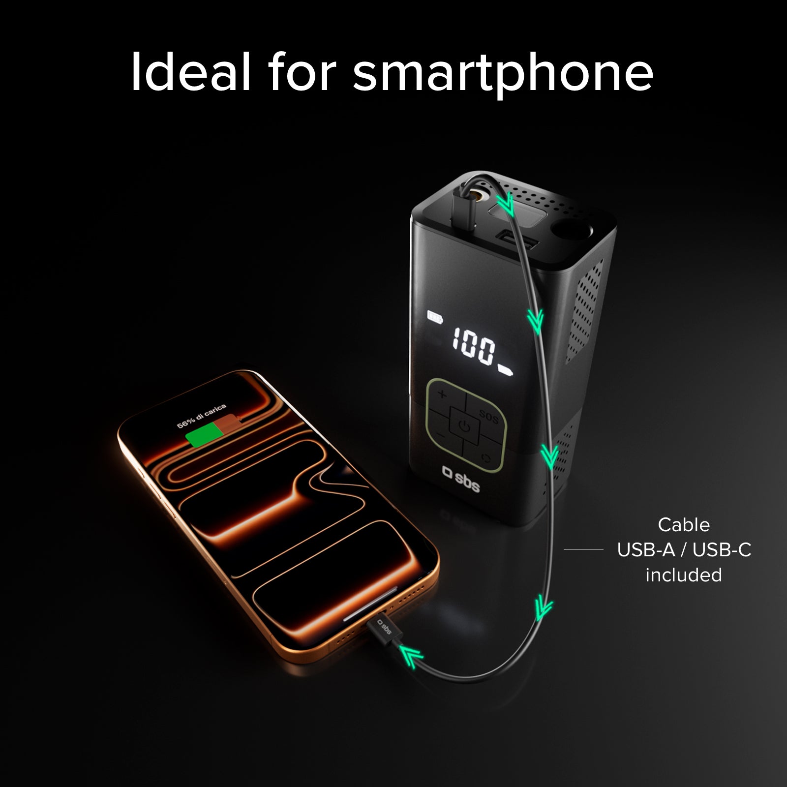 Compressore portatile con funzione powerbank 3600 mAh 5W e torcia LED per emergenze-outdoor