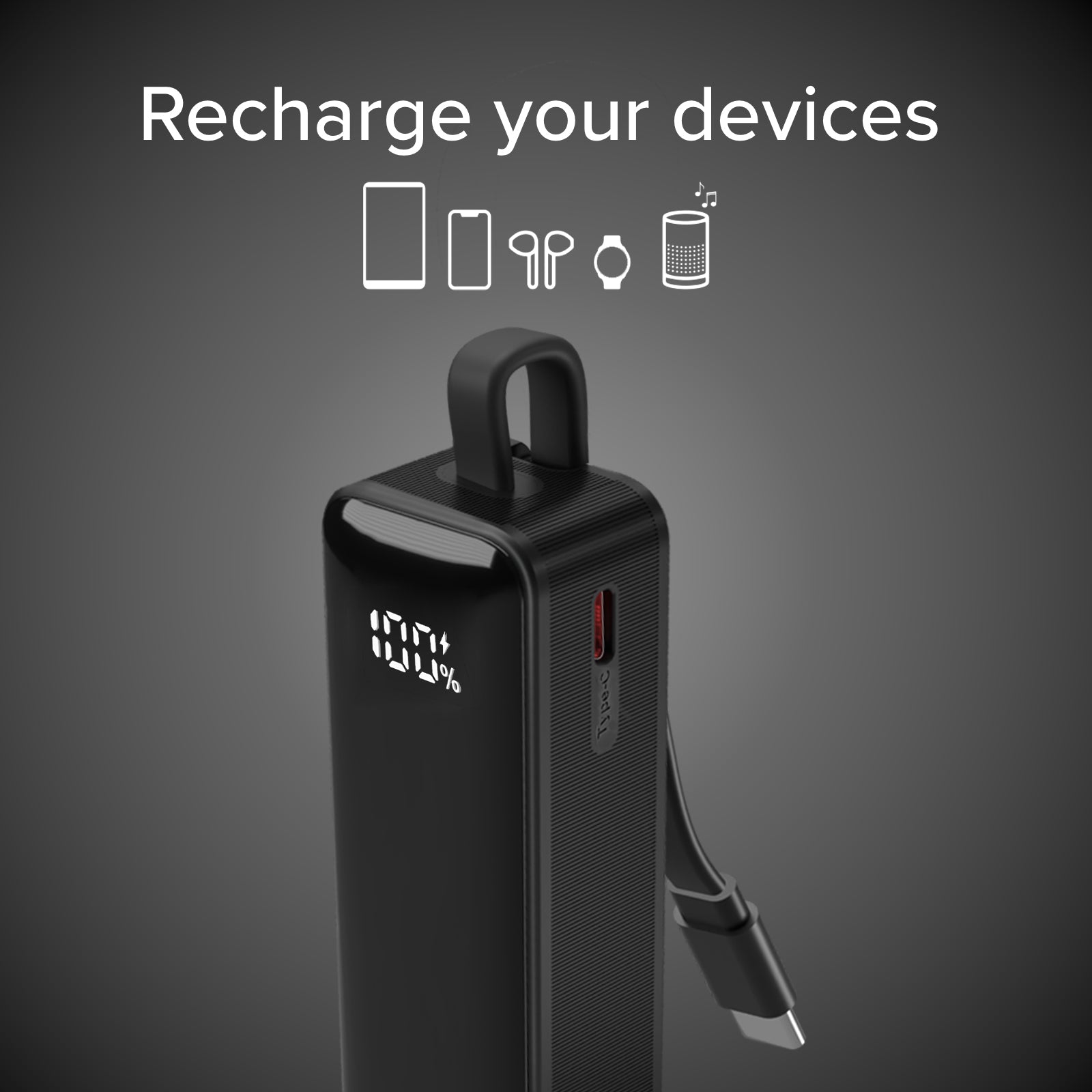 Batterie externe 5000&nbsp;mAh avec câble USB-C intégré et écran
