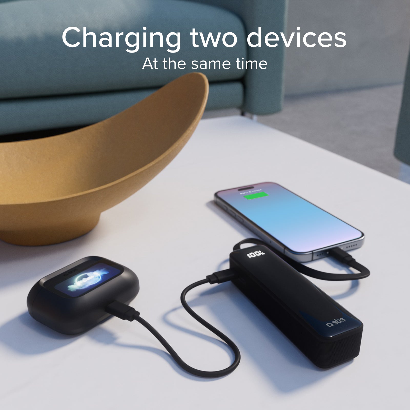 Batterie externe 5000&nbsp;mAh avec câble USB-C intégré et écran