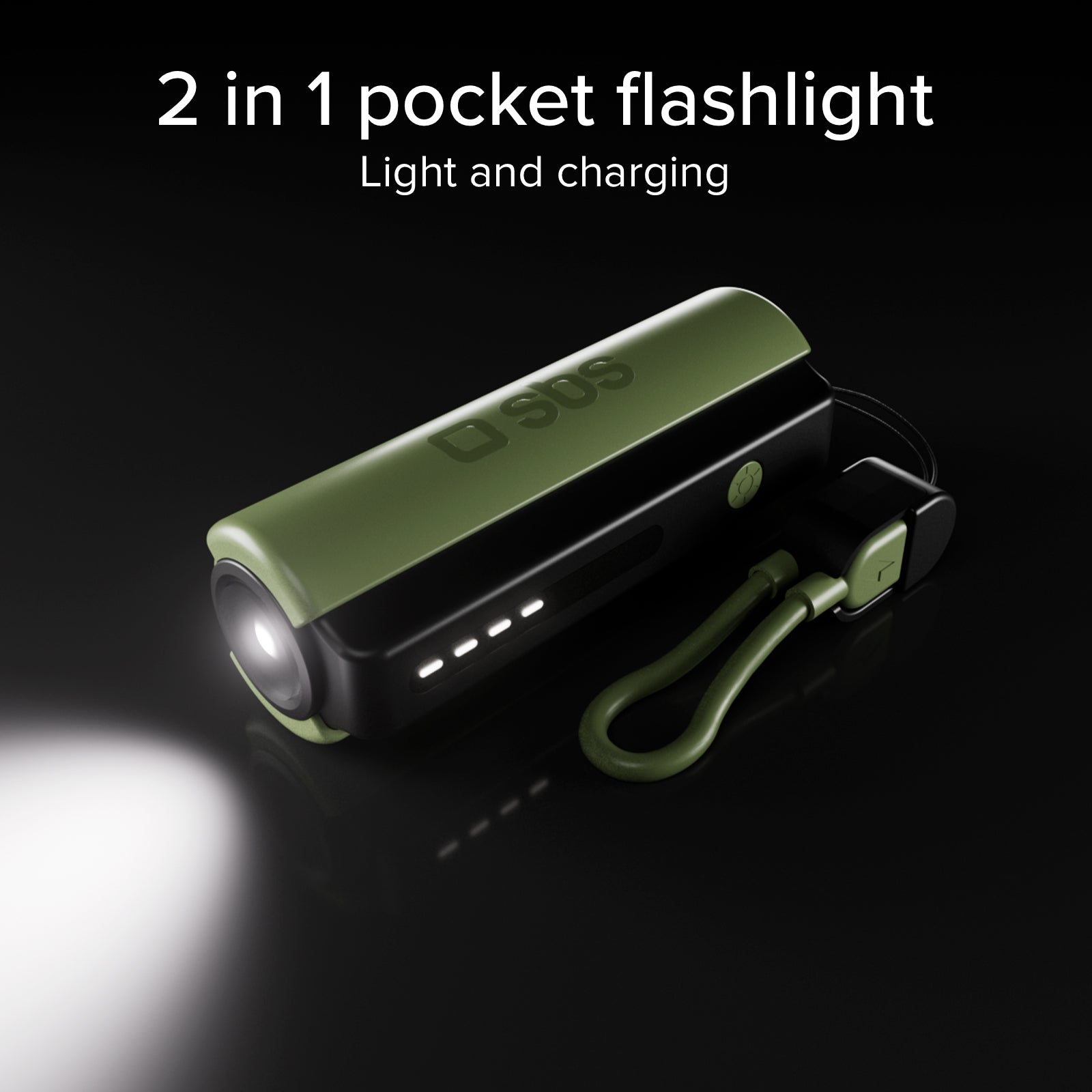 Power Bank compatto 5000mAh con torcia LED, porta USB-C 10W, cavo USB-C incluso, ideale per outdoor e campeggio