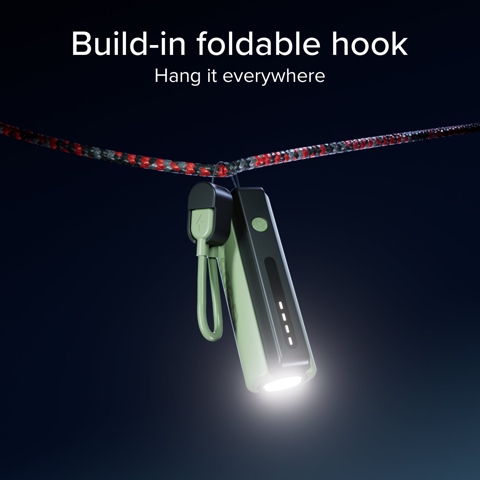 Power Bank compatto 5000mAh con torcia LED, porta USB-C 10W, cavo USB-C incluso, ideale per outdoor e campeggio