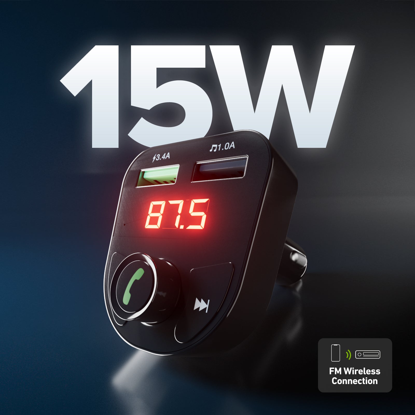 15 Watt car charger with wireless connection