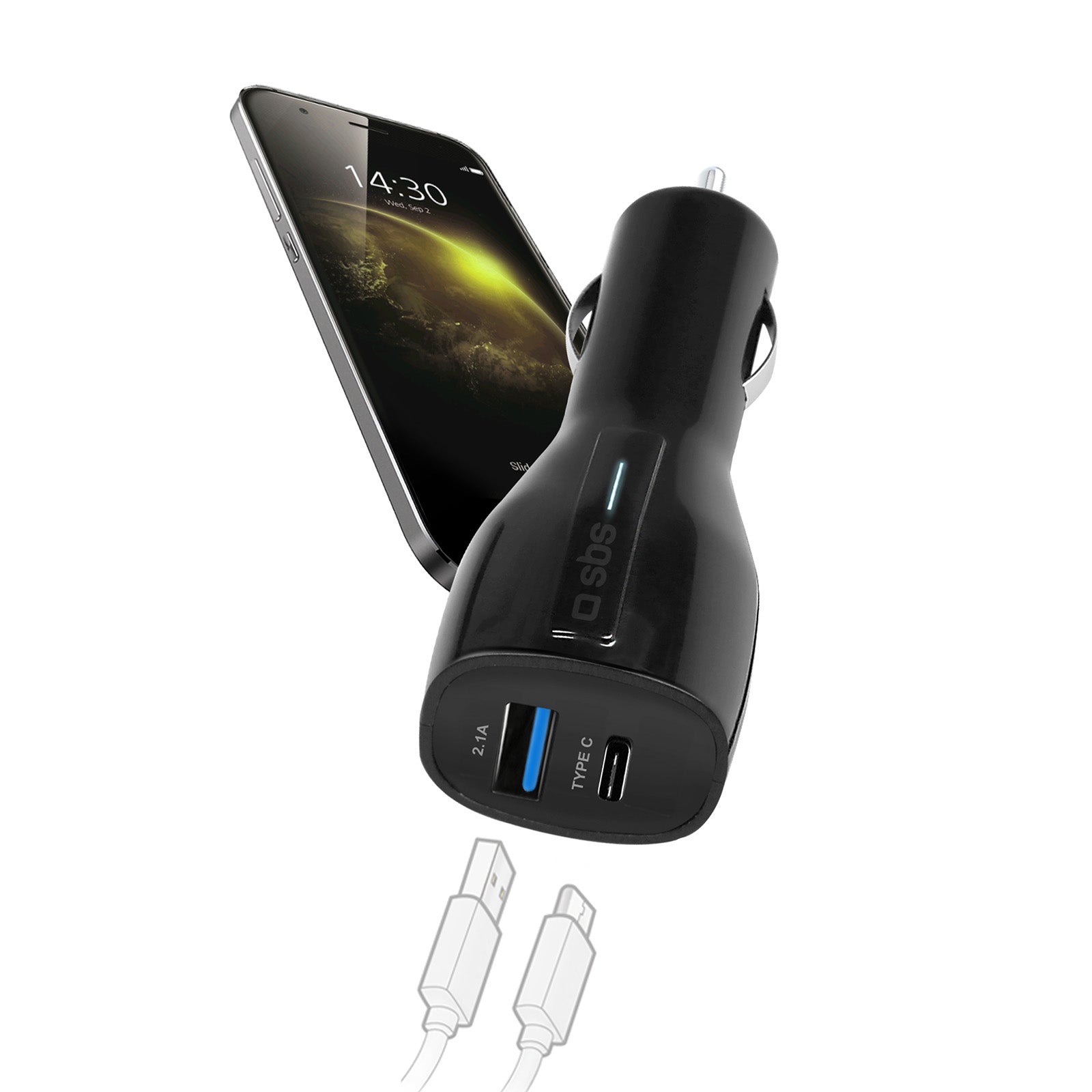 Batterieladegerät fürs Auto mit USB-Anschluss und USB Typ C