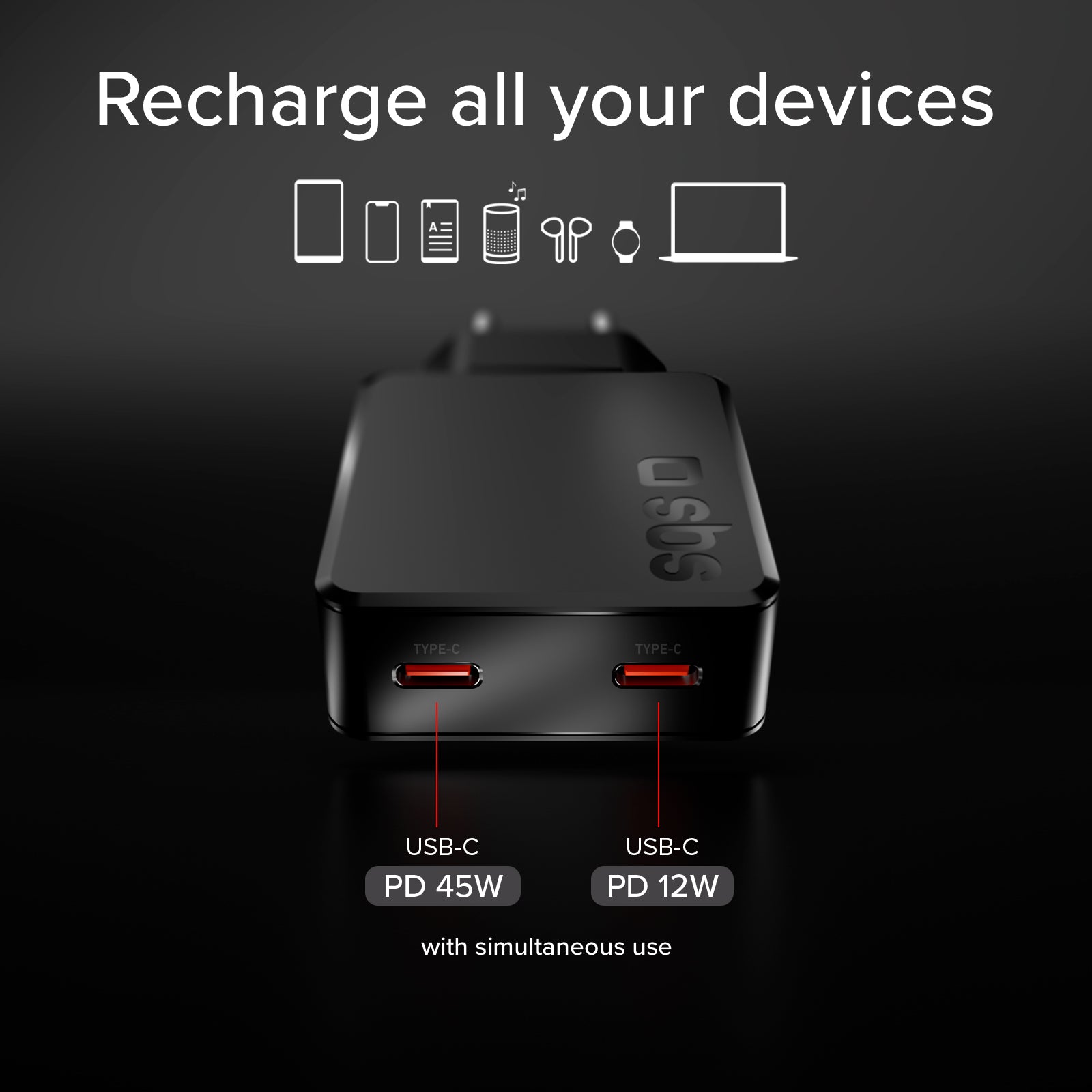Ultra-Slim 65W USB-C wall charger with dual output