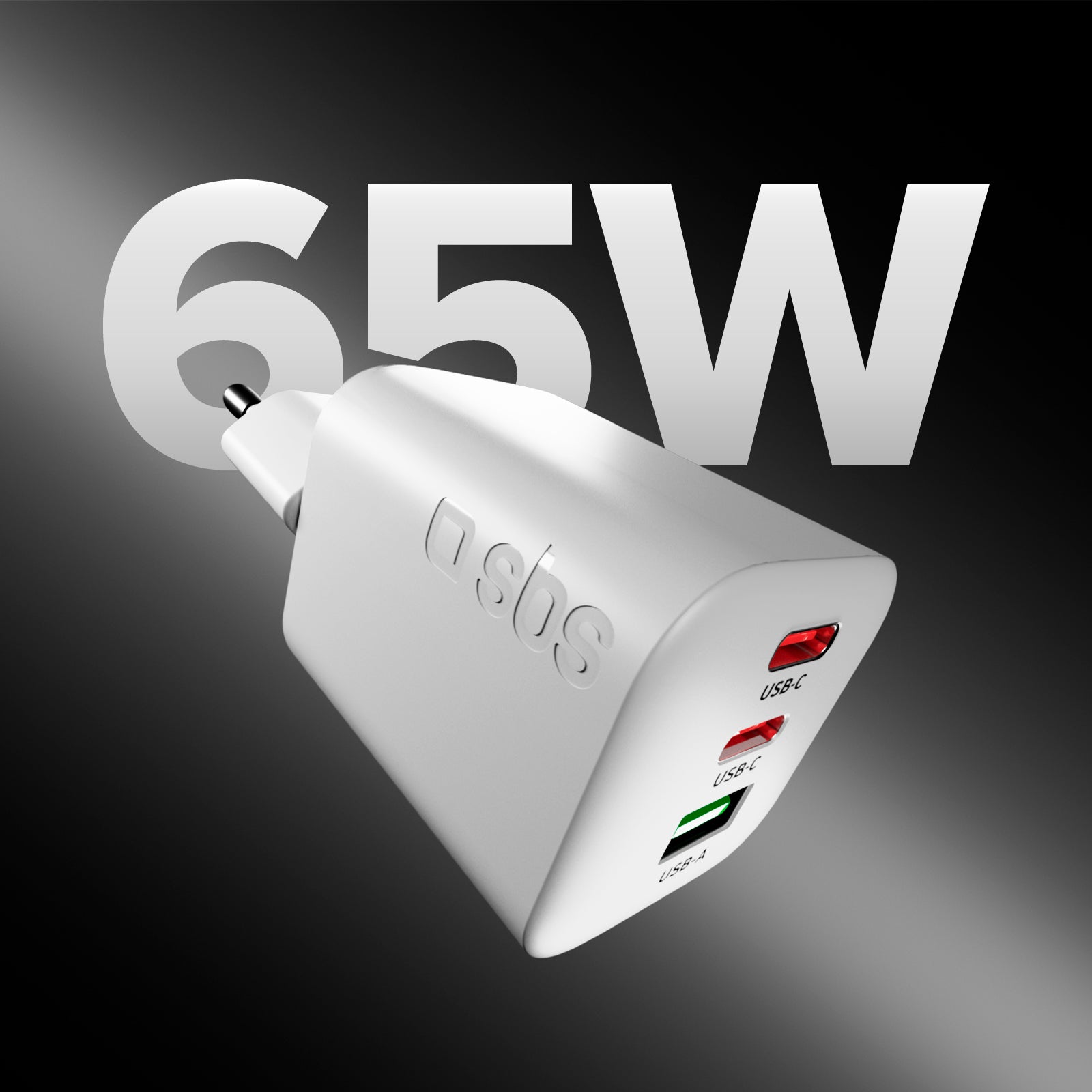 65W GaN Wall Charger with 2 USB-C Power Delivery Ports and USB-A for laptops, smartphones, and tablets