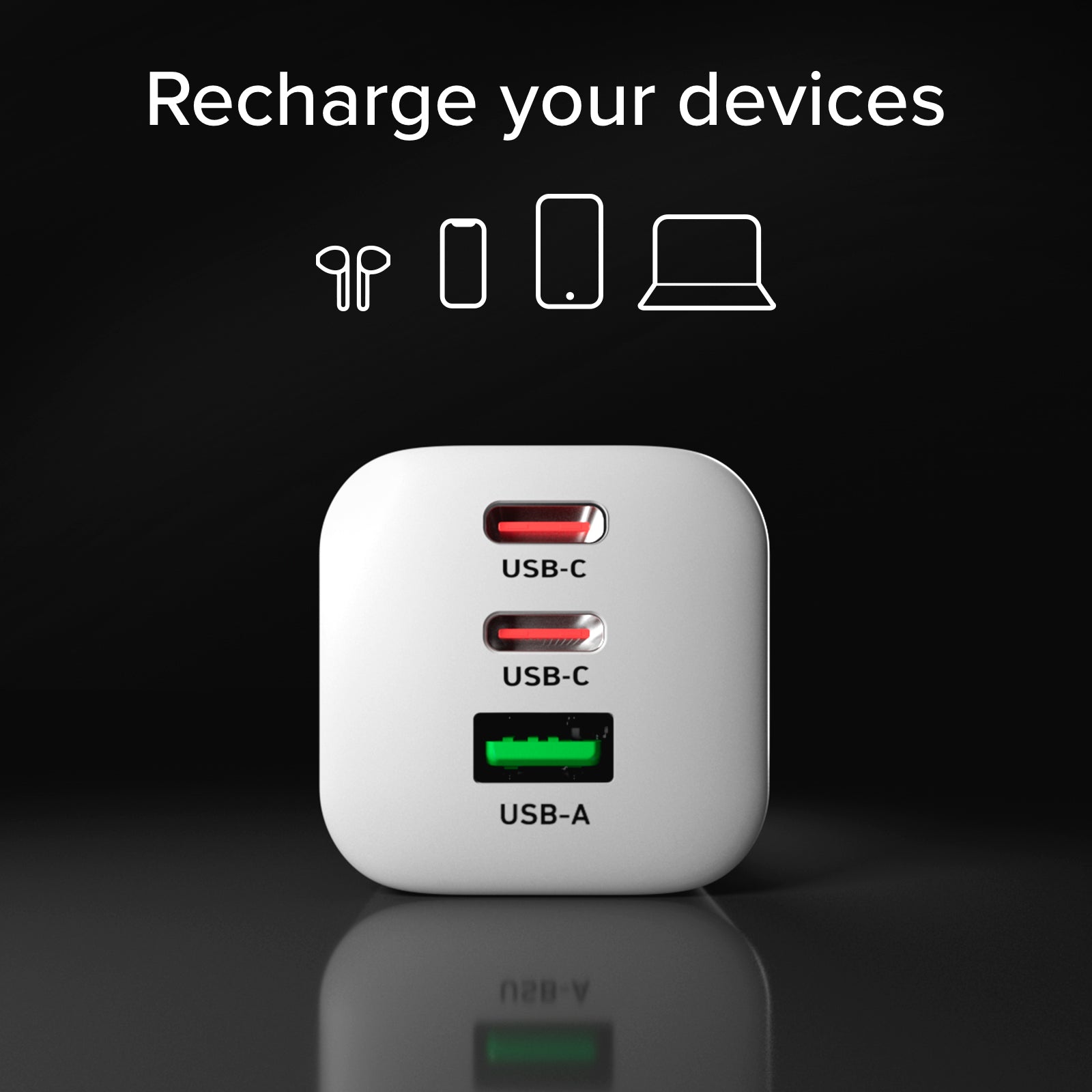 65W GaN Wall Charger with 2 USB-C Power Delivery Ports and USB-A for laptops, smartphones, and tablets