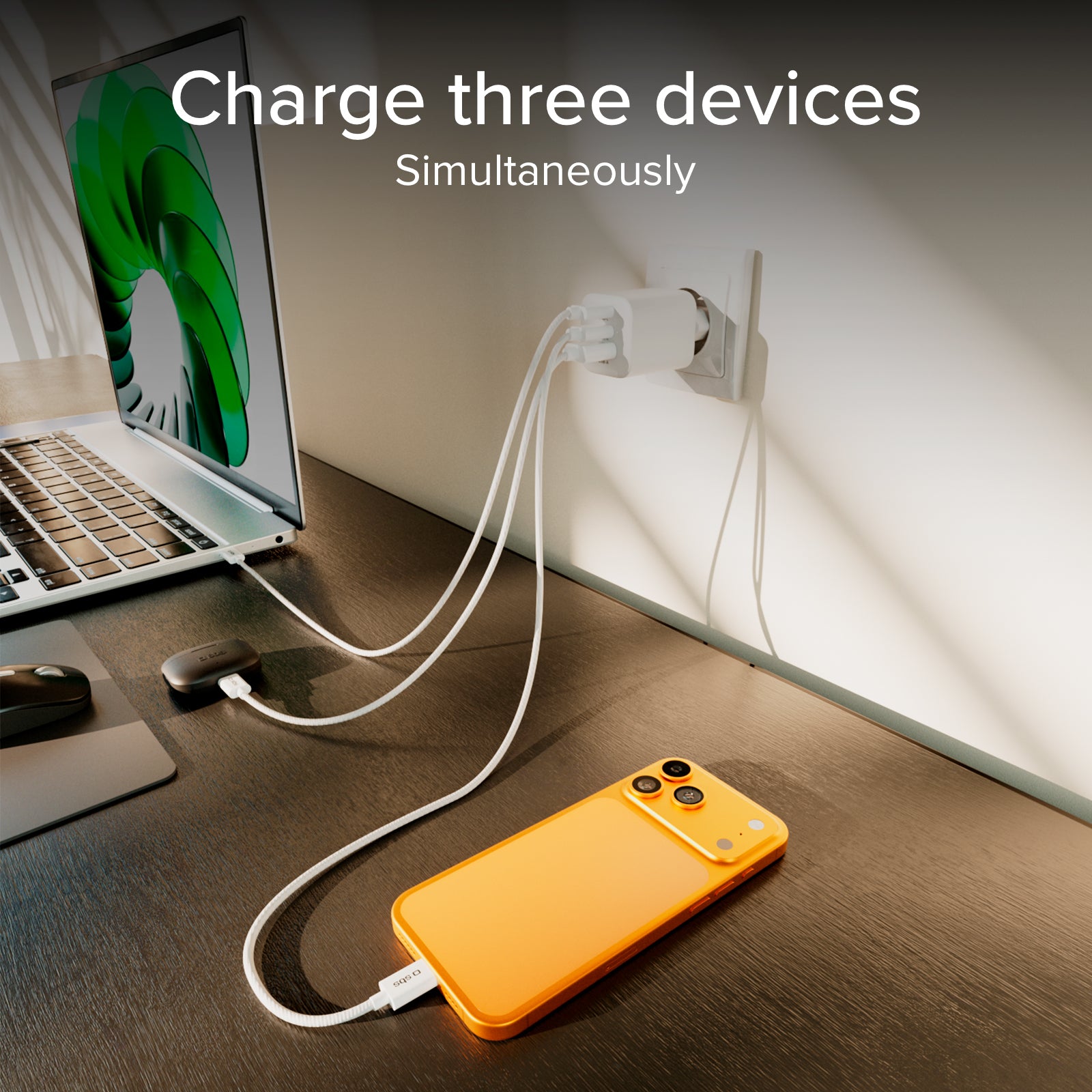 65W GaN Wall Charger with 2 USB-C Power Delivery Ports and USB-A for laptops, smartphones, and tablets