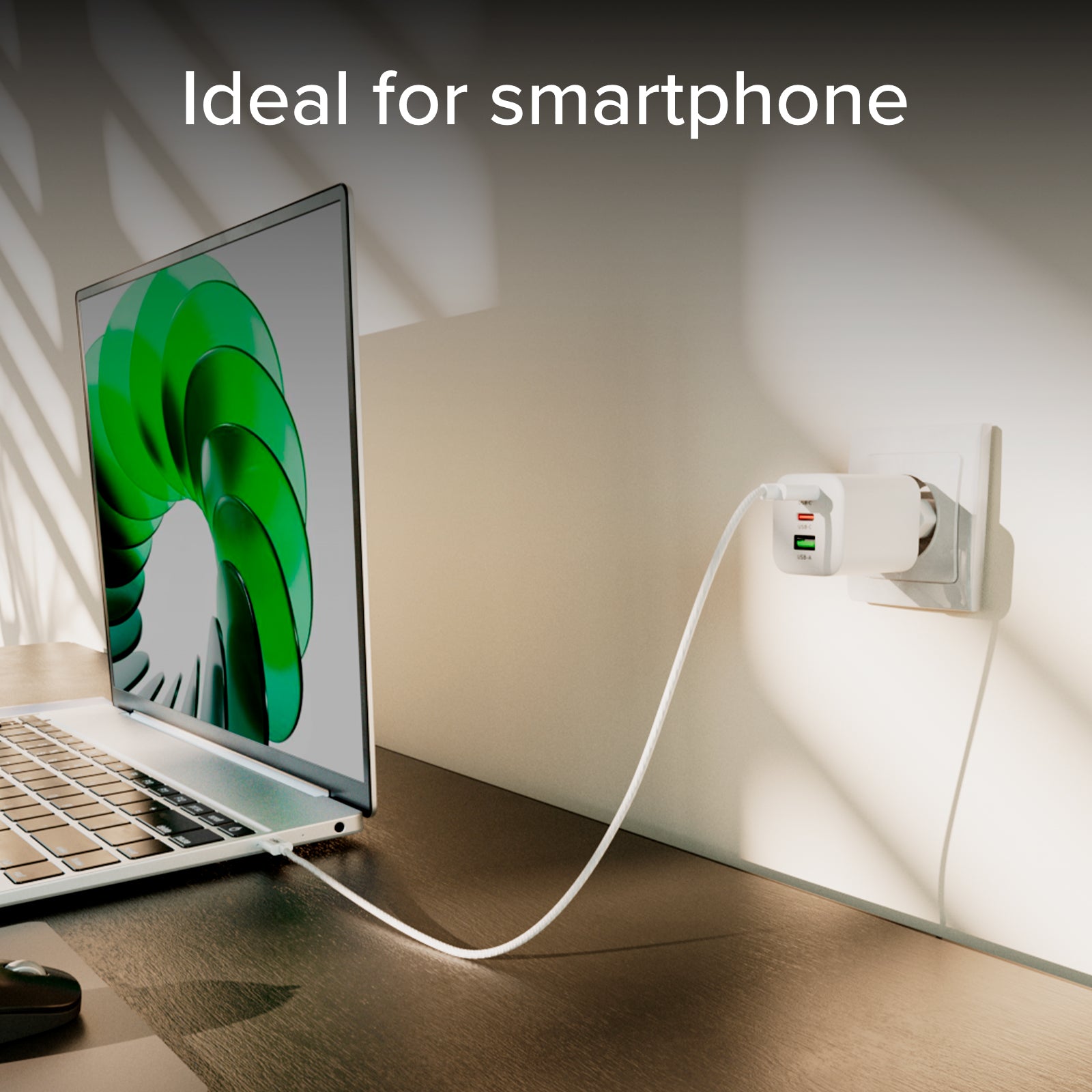 65W GaN Wall Charger with 2 USB-C Power Delivery Ports and USB-A for laptops, smartphones, and tablets