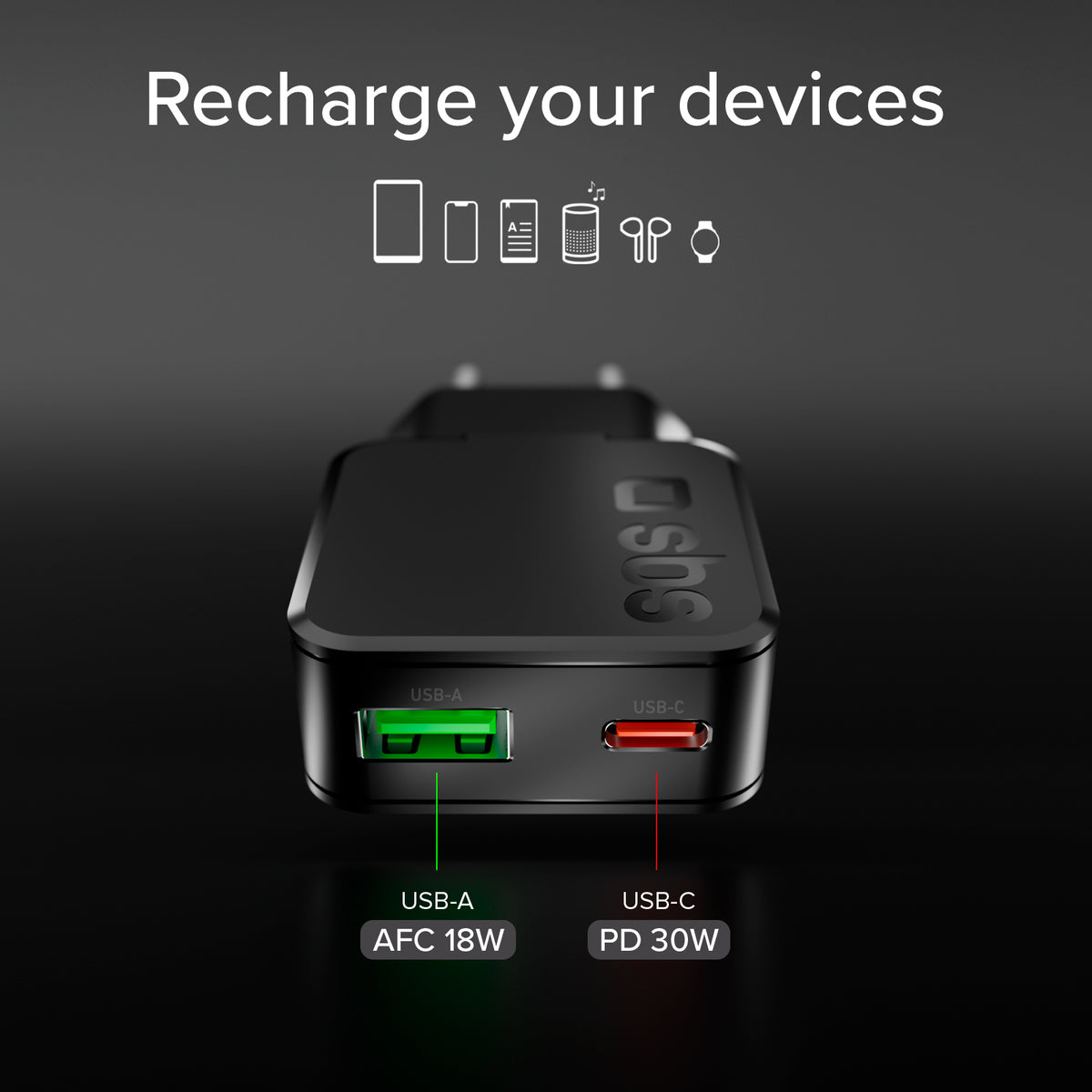Chargeur mural slim 30W USB-C Power Delivery et USB-A Fast Charge