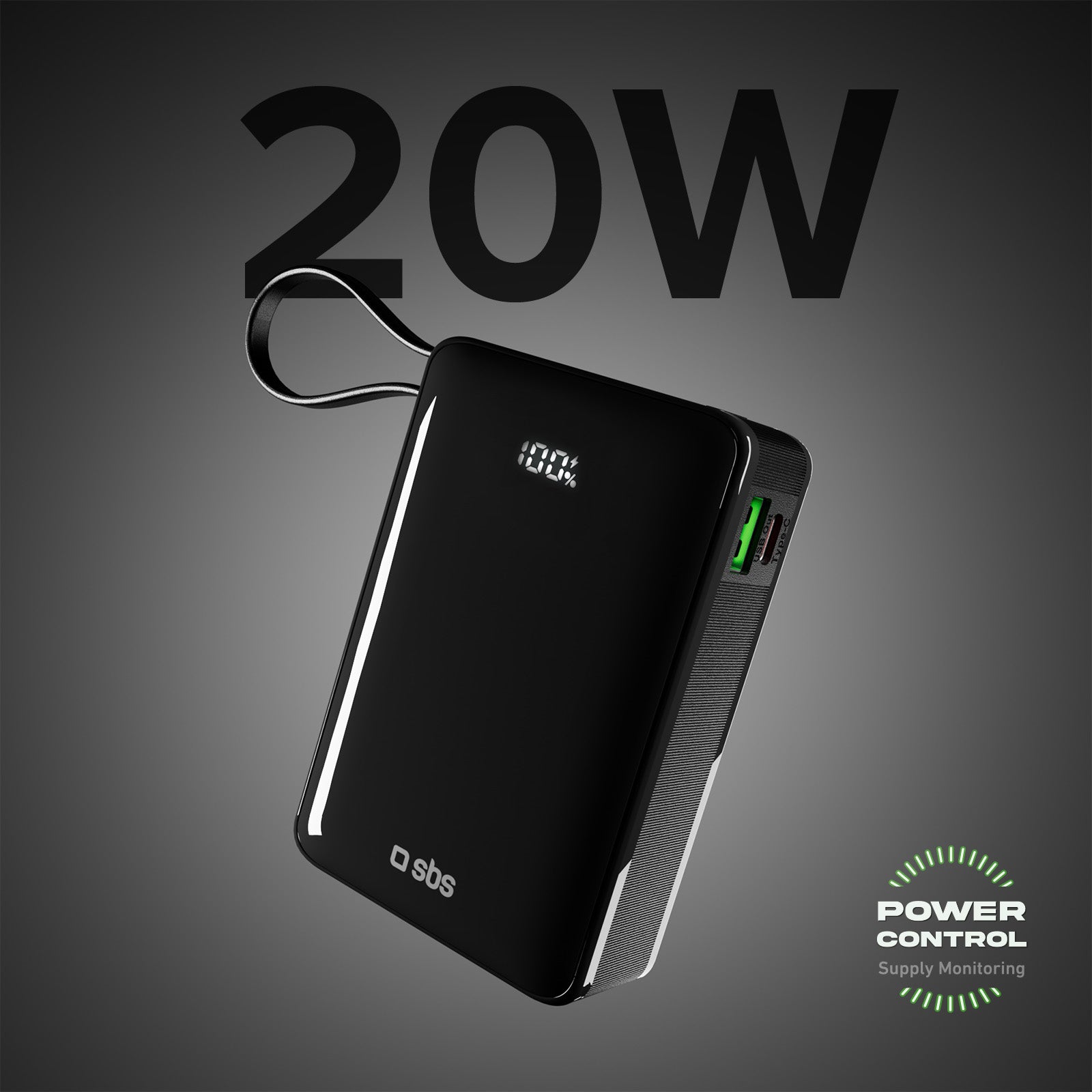 20.000 mAh-Powerbank mit integriertem USB-C-Kabel, 1 USB-C Power Delivery-Ausgang 20 W und USB-A Fast Charge 22.5 W